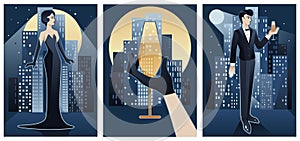 cartoon illustrations in art deco style